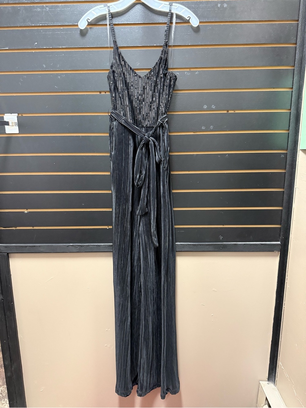 Love Squared Black Sequin Metallic Pleated Wide Leg Jumpsuit Small NWT